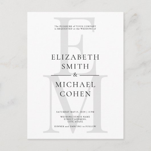 Invitation Carte Postale Chic moderne Monogramme initial noir blanc Mariage (Devant)