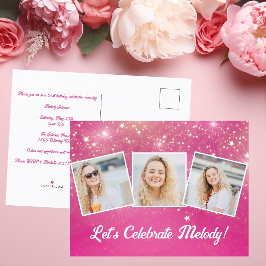 Invitation Carte Postale Chic Pink Sparkle Photo Collage Anniversaire