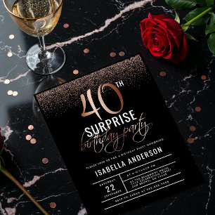 Invitation Carte Postale Chic Rose Gold 40th Surprise fête d'anniversaire