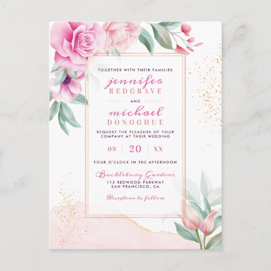 Invitation Carte Postale Chic rose Rose Buds Mariage classique (Devant)