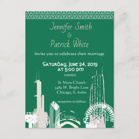 Invitation Carte Postale Chicago Skyline vert et mariage pastel (Devant)