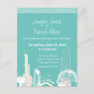 Invitation Carte Postale Chicago Skyline vert et pastel mariage Invitati