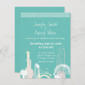 Invitation Carte Postale Chicago Skyline vert et pastel mariage Invitati (Devant / Derrière)