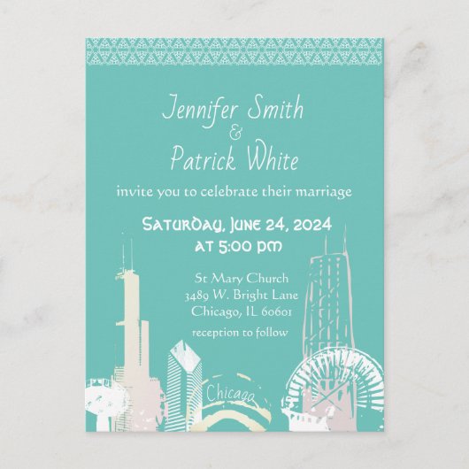 Invitation Carte Postale Chicago Skyline vert et pastel mariage Invitati (Devant)