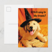 Invitation Carte Postale Chien avec chapeau de sorcière et balai (Devant / Derrière)