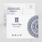 Invitation Carte Postale Chine bleu blanc porcelaine double bonheur RSVP (Devant / Derrière)