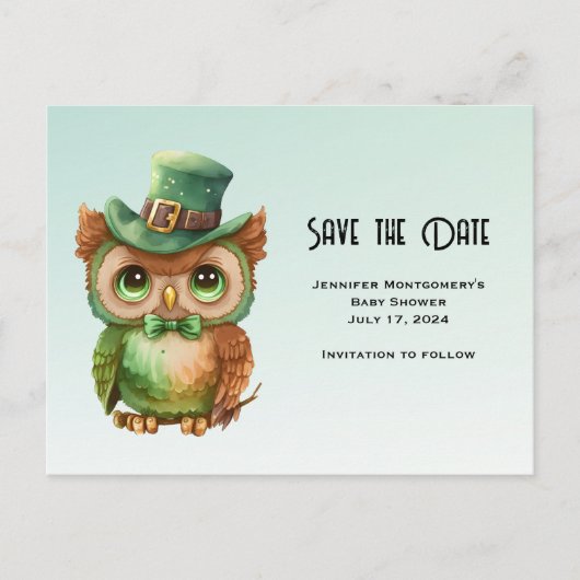 Invitation Carte Postale Chouette mignonne dans un chapeau vert Sauvez la d (Devant)