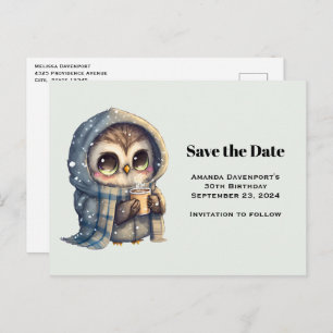 Invitation Carte Postale Chouette mignonne en hiver avec café Enregistrer l