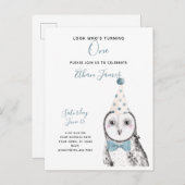 Invitation Carte Postale Chouette noire et blanche 1er anniversaire (Devant / Derrière)