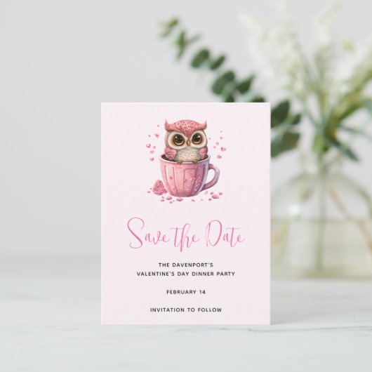 Invitation Carte Postale Chouette rose mignonne dans une coupe Enregistrer (Debout devant)
