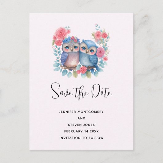 Invitation Carte Postale Chouettes amoureuses assis sur la branche de l'arb (Devant)