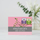 Invitation Carte Postale Chouettes mignonnes sur Branche Bébé Fille Douche  (Debout devant)