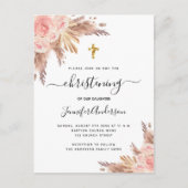 Invitation Carte Postale Christening pampas herbe rose or rousse fille (Devant)