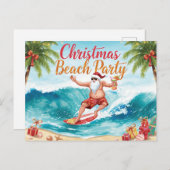 Invitation Carte Postale Christmas Beach Party – Tropical Santa Surfing (Devant / Derrière)