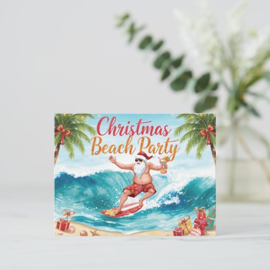 Invitation Carte Postale Christmas Beach Party – Tropical Santa Surfing (Debout devant)