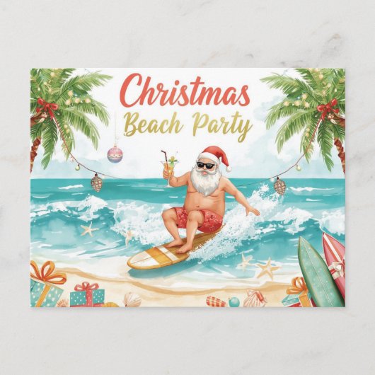 Invitation Carte Postale Christmas Beach Party – Tropical Santa Surfing  (Devant)