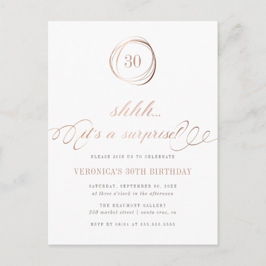 Invitation Carte Postale Chut... C'est un Surprise Rose Gold Surprise Party (Devant)