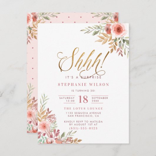 Invitation Carte Postale Chut ! C'est une surprise | Chic Script fête d'ann (Devant / Derrière)