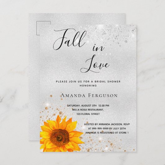 Invitation Carte Postale Chute de soleil argentée de la douche nuptiale (Devant / Derrière)