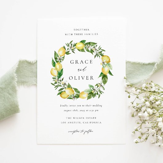 Invitation Carte Postale Citron d'été et verdure Wreath QR Code Mariage