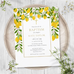Invitation Carte Postale Citrons Fleurs Verdure Baptême Christening