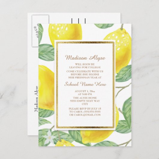 Invitation Carte Postale Citrons jaunes Feuilles verts (Devant / Derrière)