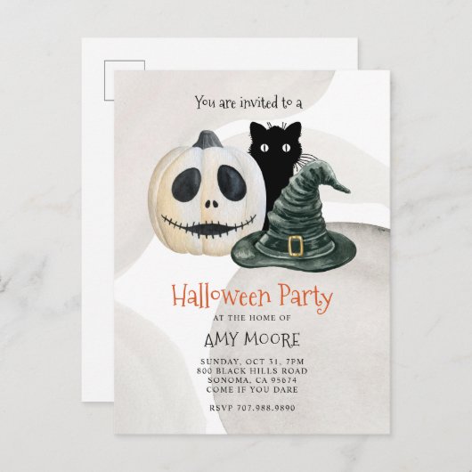 Invitation Carte Postale Citrouille gothique effrayant Casquette sorcière H (Devant / Derrière)