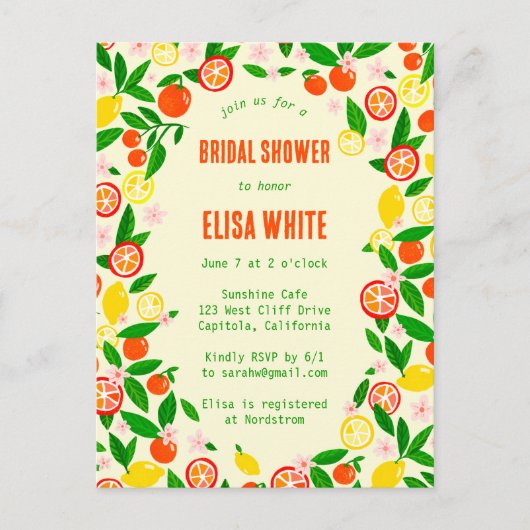Invitation Carte Postale Citrus Celebration CUSTOM Summer BRIDAL SHOWER (Devant)