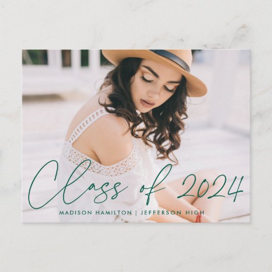 Invitation Carte Postale Class of 2023 Green Script Photo Graduation Party (Devant)