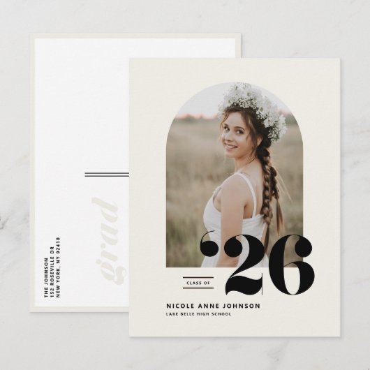 Invitation Carte Postale Classe Boho de 2025 Arch Photo Graduation (Devant / Derrière)
