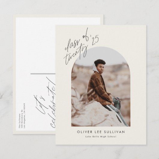 Invitation Carte Postale Classe Boho de 2025 Arch Photo Graduation (Devant / Derrière)
