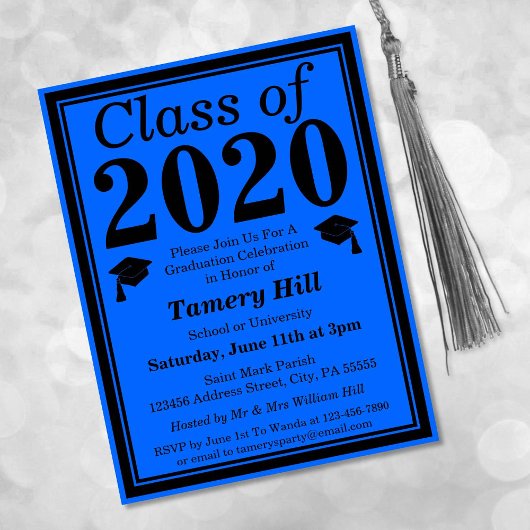 Invitation Carte Postale Classe de 2024 Blue Black Graduation