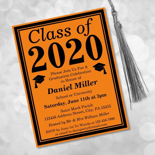 Invitation Carte Postale Classe de 2024 Orange Black Graduation