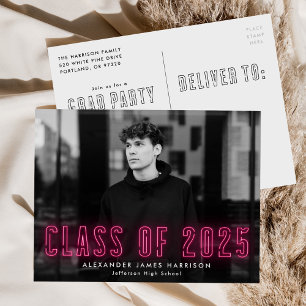 Invitation Carte Postale Classe de Neon rose chaud de 2023 Photo Graduation