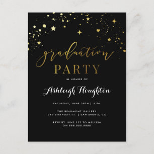 Invitation Carte Postale Classic Black & Gold Confetti Graduation Party