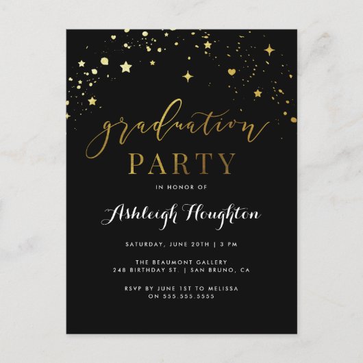 Invitation Carte Postale Classic Black & Gold Confetti Graduation Party (Devant)