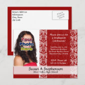 Invitation Carte Postale Classy Damask Graduation Faire-part, Rouge (Devant / Derrière)