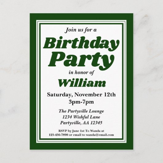 Invitation Carte Postale Classy Hunter Green pour adultes fête d'anniversai (Devant)