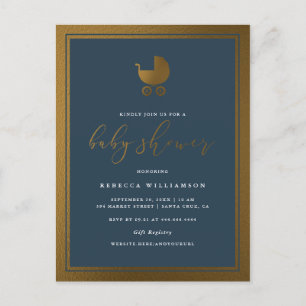 Invitation Carte Postale Classy Navy Blue & Gold Pram Boy Baby shower