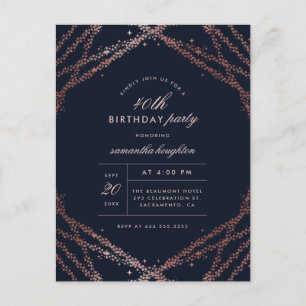 Invitation Carte Postale Classy Rose Gold & Navy Blue Birthday Party