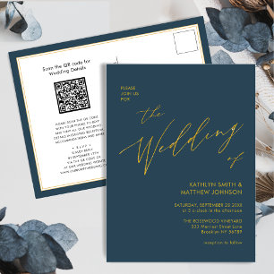 Invitation Carte Postale Code QR bleu Dusty tout en un Mariage de script or