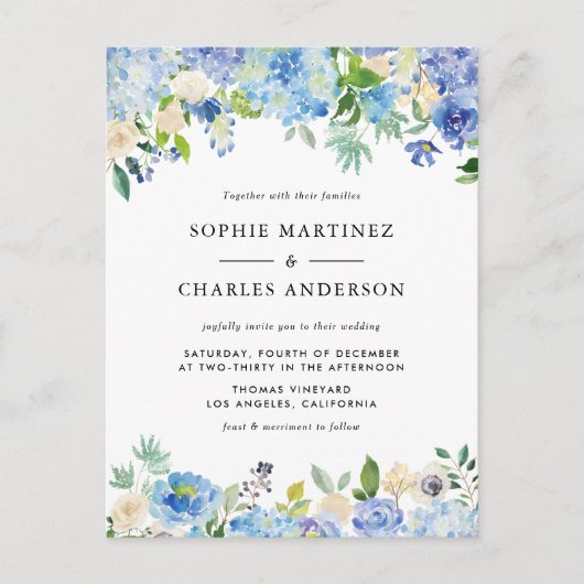 Invitation Carte Postale Code QR de mariage Hydrangea et Rose aquarelle ble (Devant)