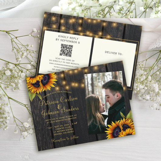 Invitation Carte Postale Code QR mariage de tournesol rustique tout en un