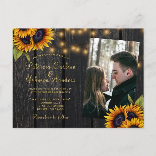 Invitation Carte Postale Code QR mariage de tournesol rustique tout en un (Devant)