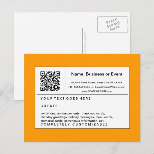 Invitation Carte Postale code QR raffiné orange (Devant / Derrière)