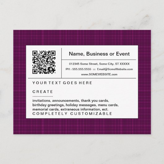 Invitation Carte Postale code QR raffiné : plaid magenta (Devant)