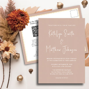 Invitation Carte Postale Code QR rose vif Tout en un Mariage moderne chic