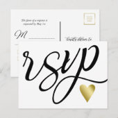 Invitation Carte Postale Coeur d'or et calligraphie noire RSVP (Devant / Derrière)