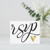 Invitation Carte Postale Coeur d'or et calligraphie noire RSVP (Debout devant)