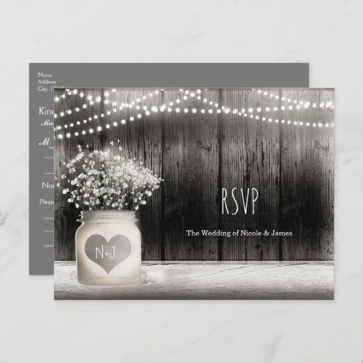 Invitation Carte Postale Coeur Mason Jar & Bébés Respirer Mariage rustique (Devant / Derrière)